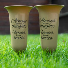 Load image into Gallery viewer, Set of 2 Gold Forever in Our Hearts Fluted Spiked Memorial Grave Flower Vases