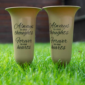 Set of 2 Gold Forever in Our Hearts Fluted Spiked Memorial Grave Flower Vases