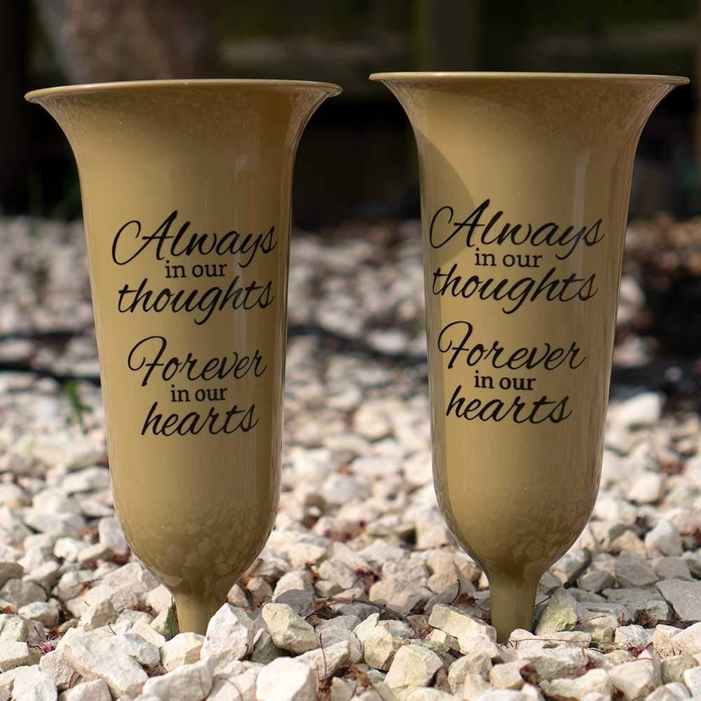 Set of 2 Gold Forever in Our Hearts Fluted Spiked Memorial Grave Flower Vases
