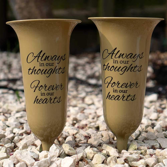 Set of 2 Gold Forever in Our Hearts Fluted Spiked Memorial Grave Flower Vases