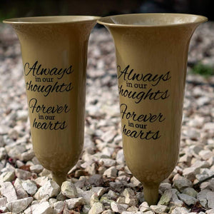 Set of 2 Gold Forever in Our Hearts Fluted Spiked Memorial Grave Flower Vases