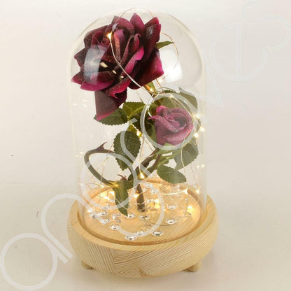 Bella Pink Handmade Enchanted Rose & Rosebud with Glass Dome Bell Jar and LED Lights (23cm) - Angraves Memorials