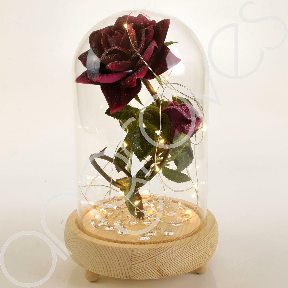 Bella Pink Handmade Enchanted Rose & Rosebud with Glass Dome Bell Jar and LED Lights (23cm) - Angraves Memorials