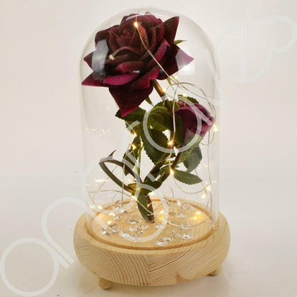 Bella Pink Handmade Enchanted Rose & Rosebud with Glass Dome Bell Jar and LED Lights (23cm) - Angraves Memorials