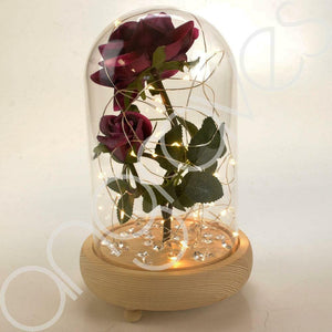 Bella Pink Handmade Enchanted Rose & Rosebud with Glass Dome Bell Jar and LED Lights (23cm) - Angraves Memorials