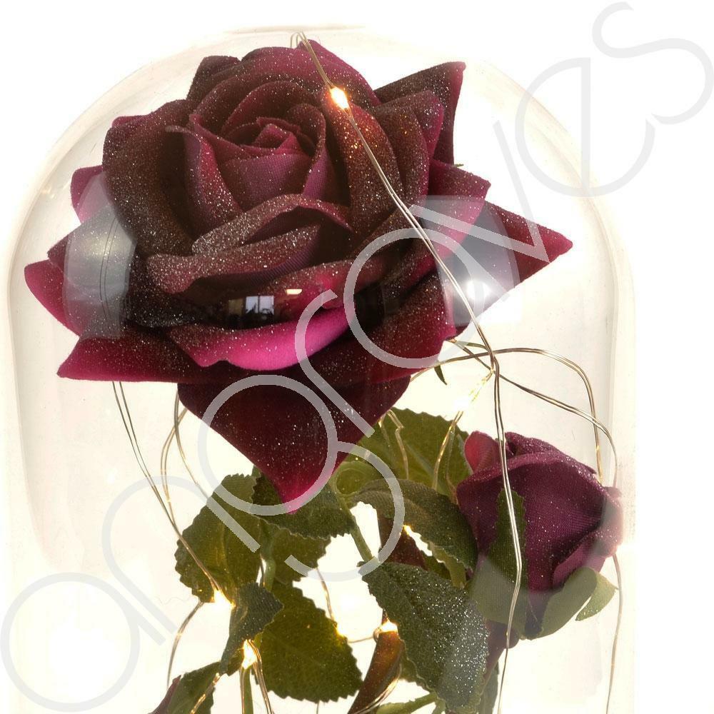 Bella Pink Handmade Enchanted Rose & Rosebud with Glass Dome Bell Jar and LED Lights (23cm) - Angraves Memorials