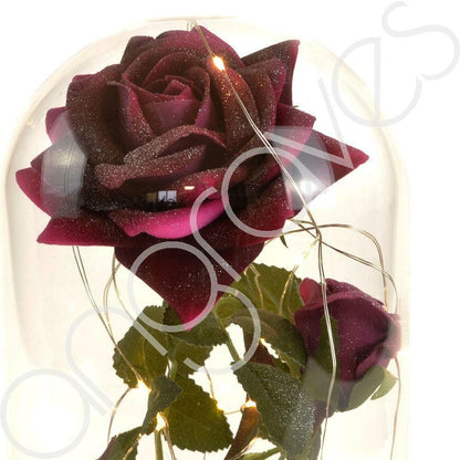 Bella Pink Handmade Enchanted Rose & Rosebud with Glass Dome Bell Jar and LED Lights (23cm) - Angraves Memorials