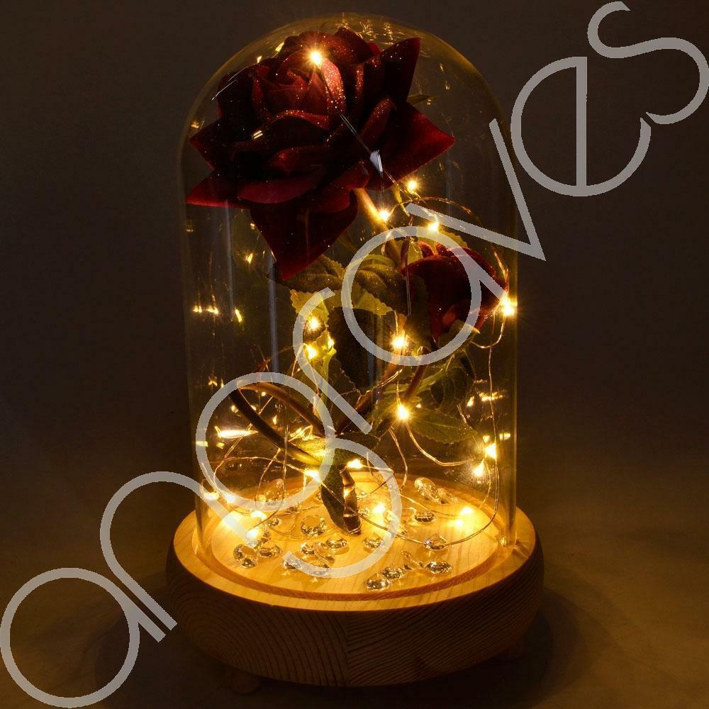 Bella Pink Handmade Enchanted Rose & Rosebud with Glass Dome Bell Jar and LED Lights (23cm) - Angraves Memorials
