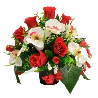 Effie Artificial Flower Graveside Red Rose Orchid Cemetery Memorial Arrangement