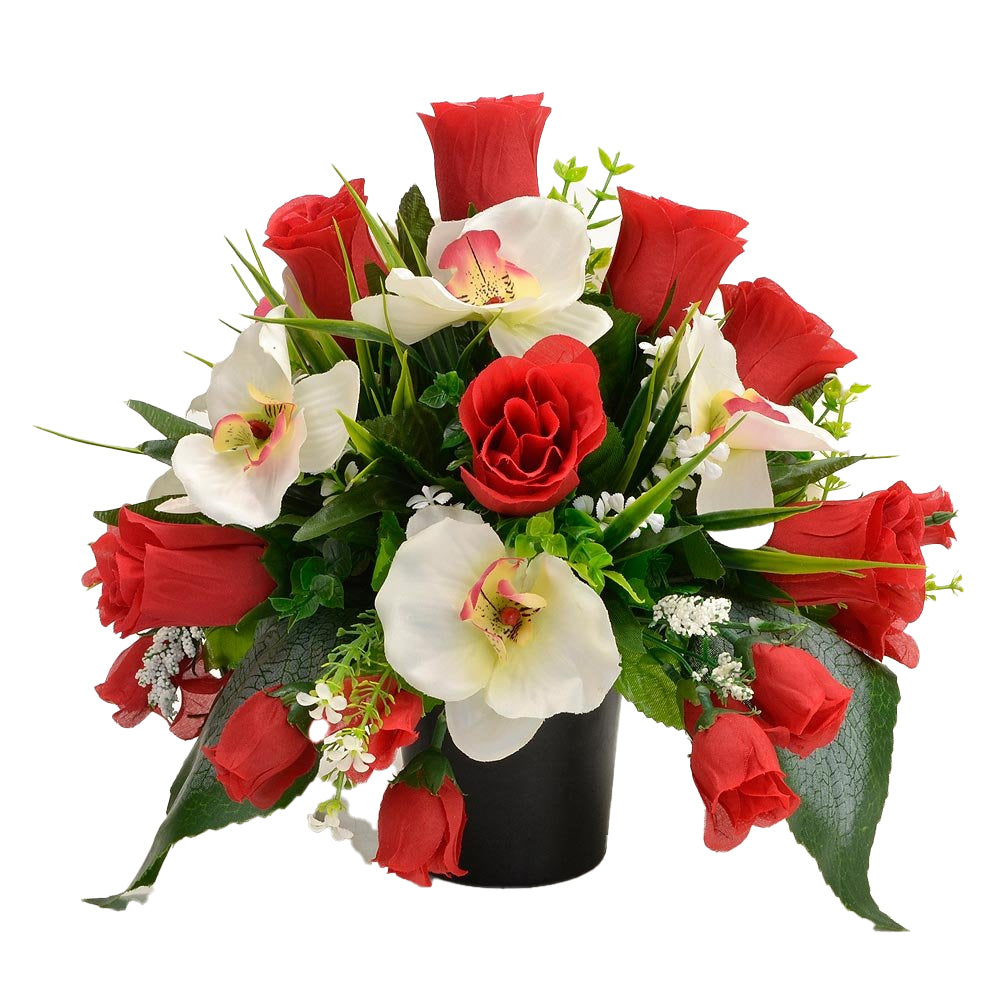 Effie Artificial Flower Graveside Red Rose Orchid Cemetery Memorial Arrangement
