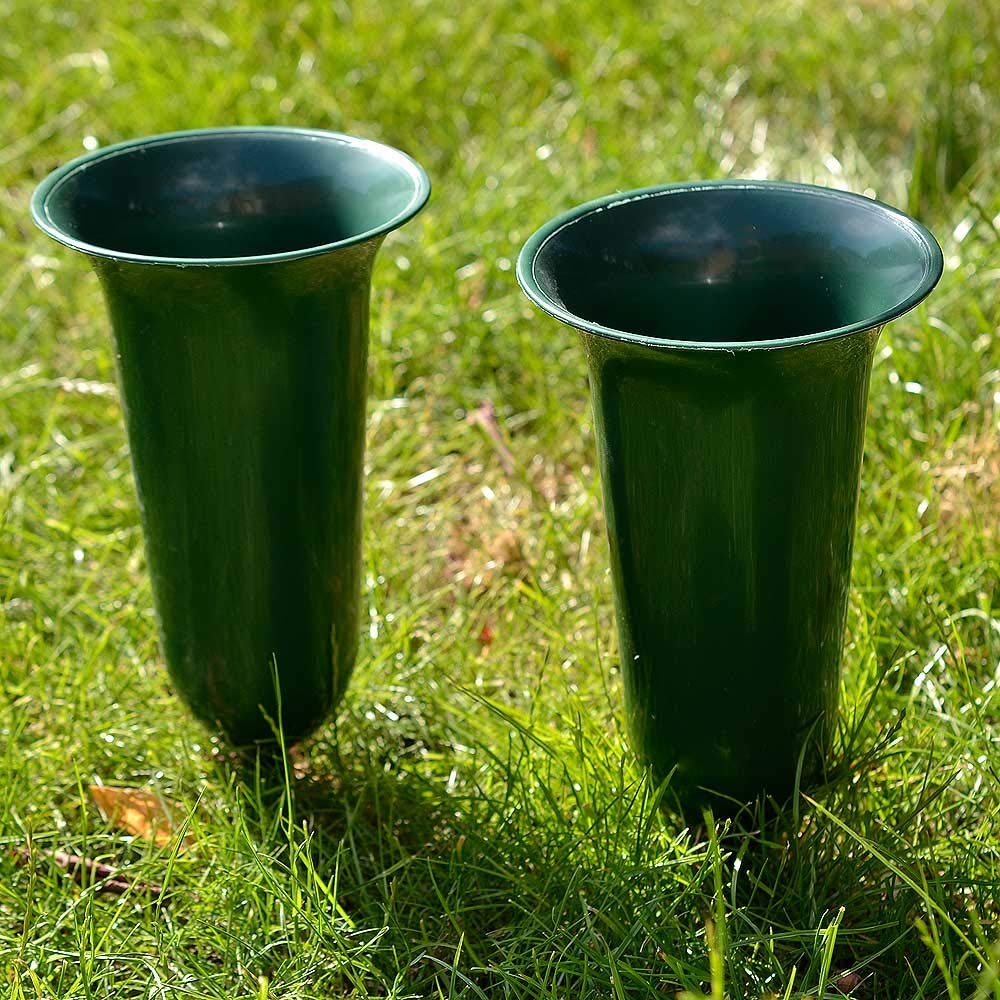Set of 2 Plain Green Fluted Spiked Memorial Grave Flower Vases