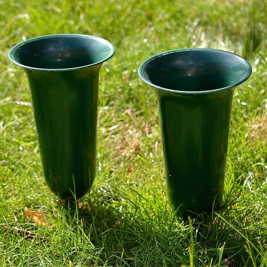 Set of 2 Plain Green Fluted Spiked Memorial Grave Flower Vases