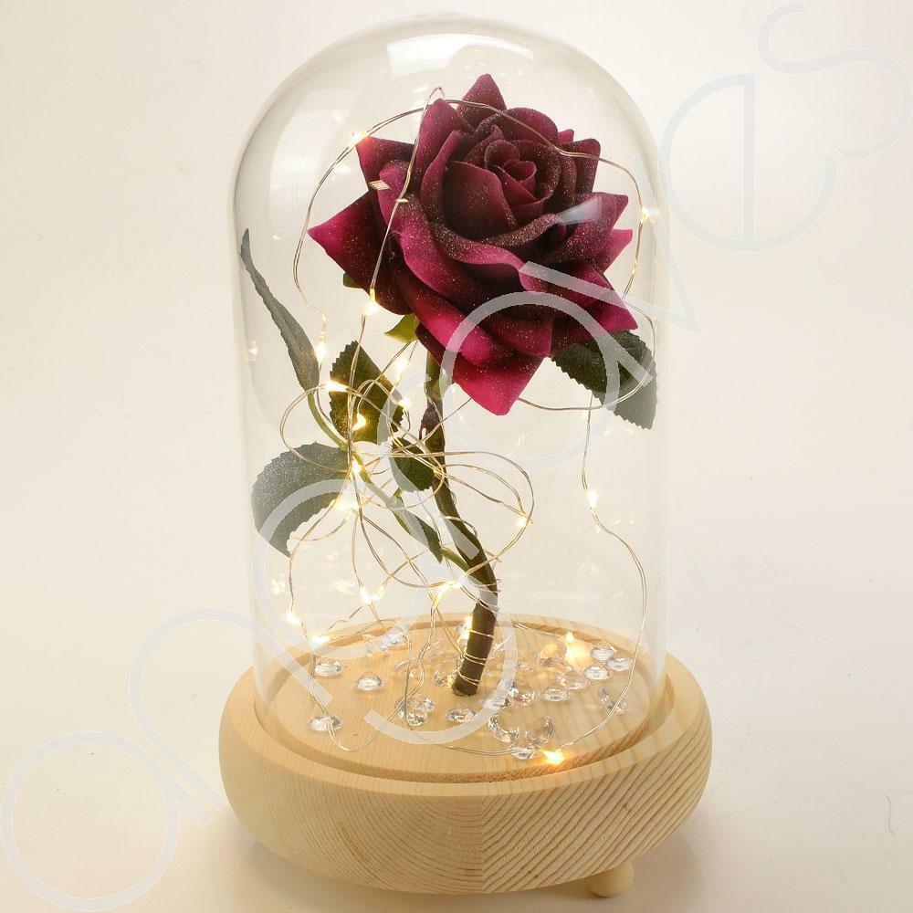 Magical Pink Handmade Enchanted Rose with Glass Dome Bell Jar and LED Lights (23cm) - Angraves Memorials