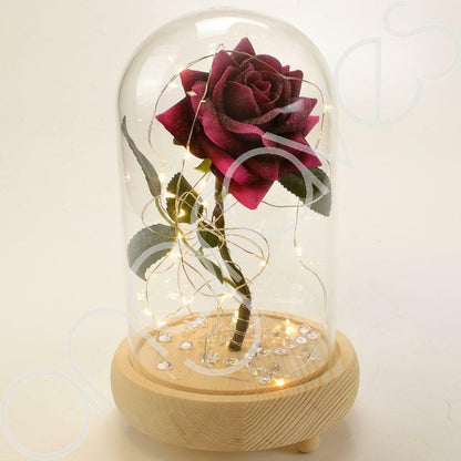 Magical Pink Handmade Enchanted Rose with Glass Dome Bell Jar and LED Lights (23cm) - Angraves Memorials