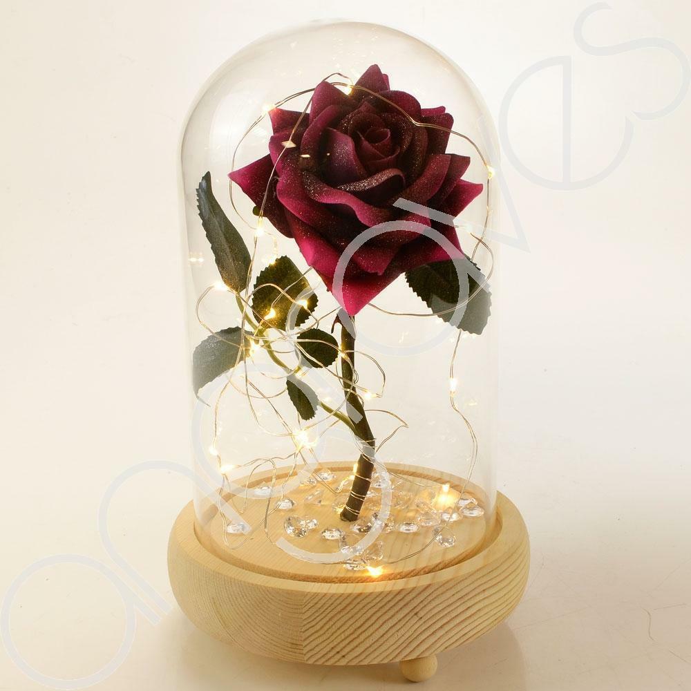 Magical Pink Handmade Enchanted Rose with Glass Dome Bell Jar and LED Lights (23cm) - Angraves Memorials