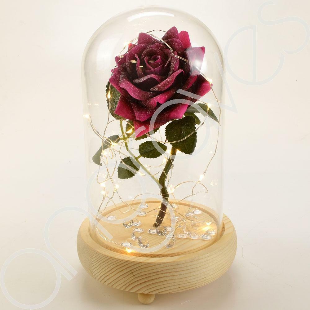 Magical Pink Handmade Enchanted Rose with Glass Dome Bell Jar and LED Lights (23cm) - Angraves Memorials