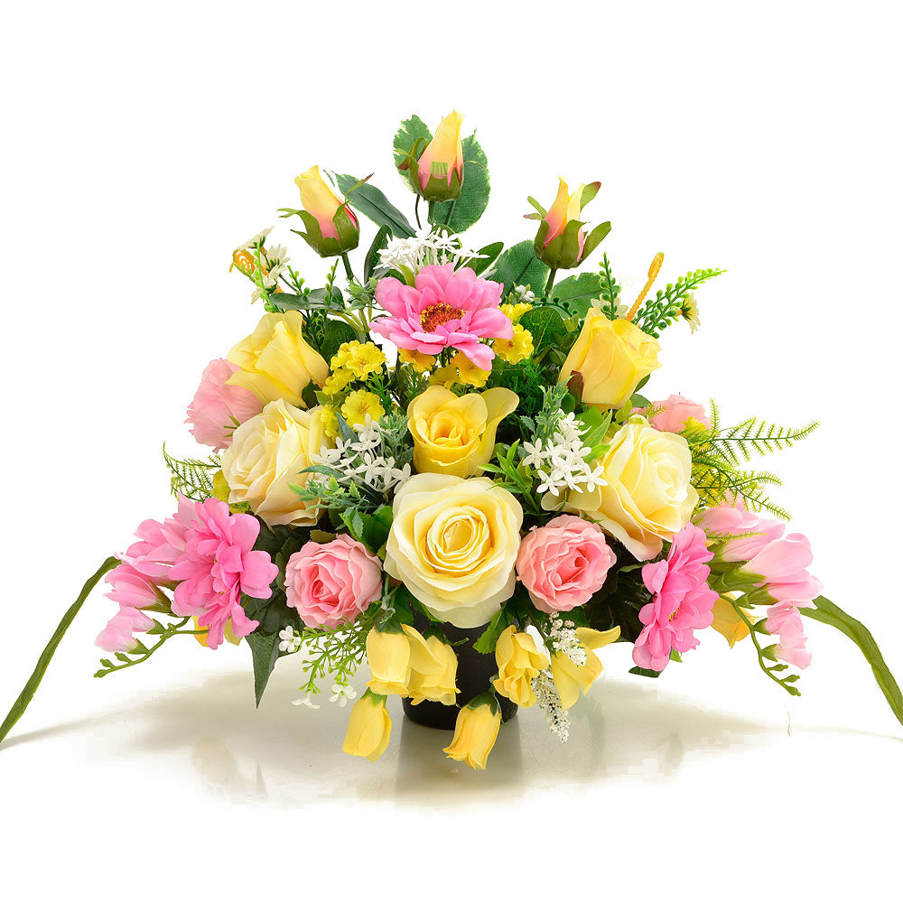 Alba Pink & Yellow Rose Artificial Flower Memorial Arrangement