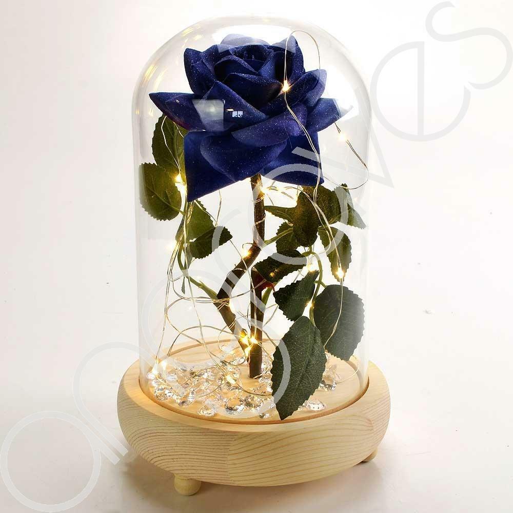 Magical Blue Handmade Enchanted Rose with Glass Dome Bell Jar and LED Lights (23cm) - Angraves Memorials