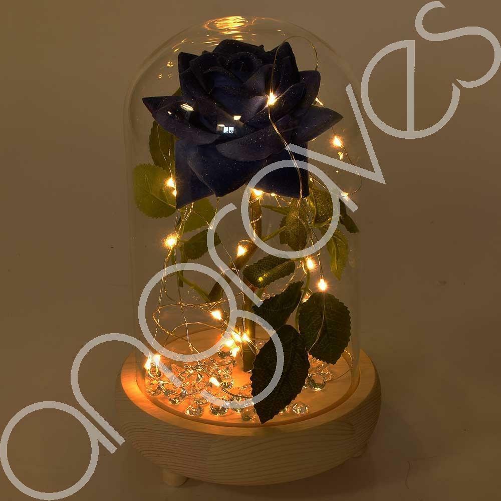 Magical Blue Handmade Enchanted Rose with Glass Dome Bell Jar and LED Lights (23cm) - Angraves Memorials