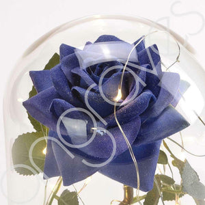 Magical Blue Handmade Enchanted Rose with Glass Dome Bell Jar and LED Lights (23cm) - Angraves Memorials