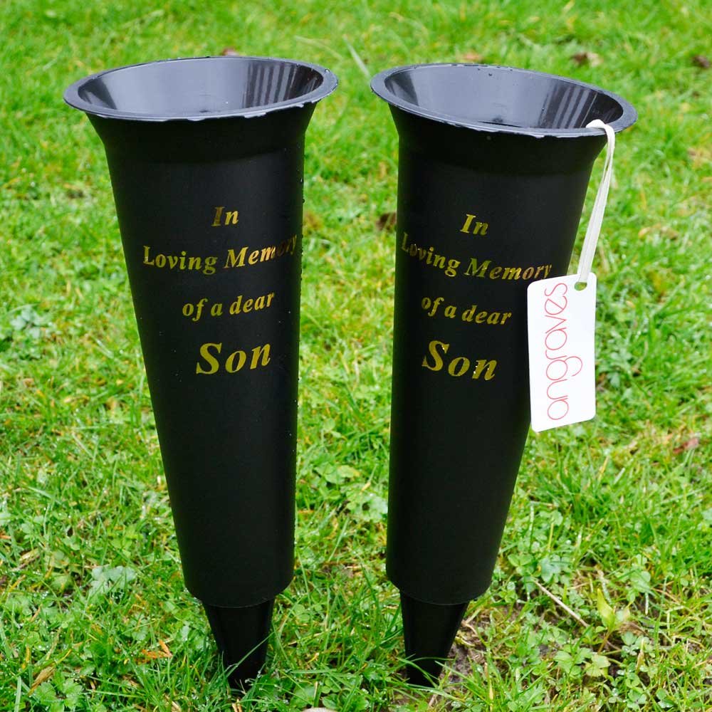 Set of 2 Son In Loving Memory Spiked Memorial Grave Flower Vases Holder