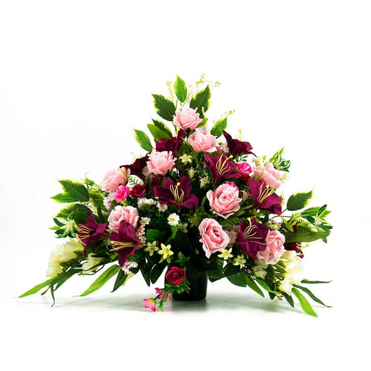 Darcie Pink Roses & Deep Purple Lilies Graveside Memorial Flower Arrangement