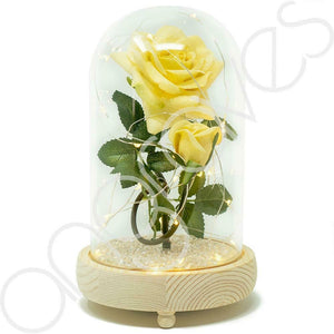 Bella Yellow Handmade Enchanted Rose & Rosebud with Glass Dome Bell Jar and LED Lights (23cm) - Angraves Memorials