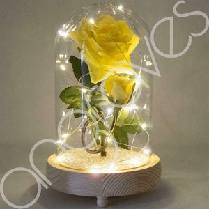 Bella Yellow Handmade Enchanted Rose & Rosebud with Glass Dome Bell Jar and LED Lights (23cm) - Angraves Memorials