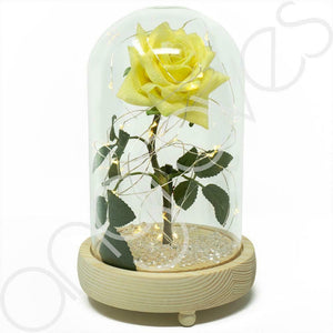 Yellow Friendship Sparkle Handmade Enchanted Rose with Glass Dome Bell Jar and LED Lights (23cm)