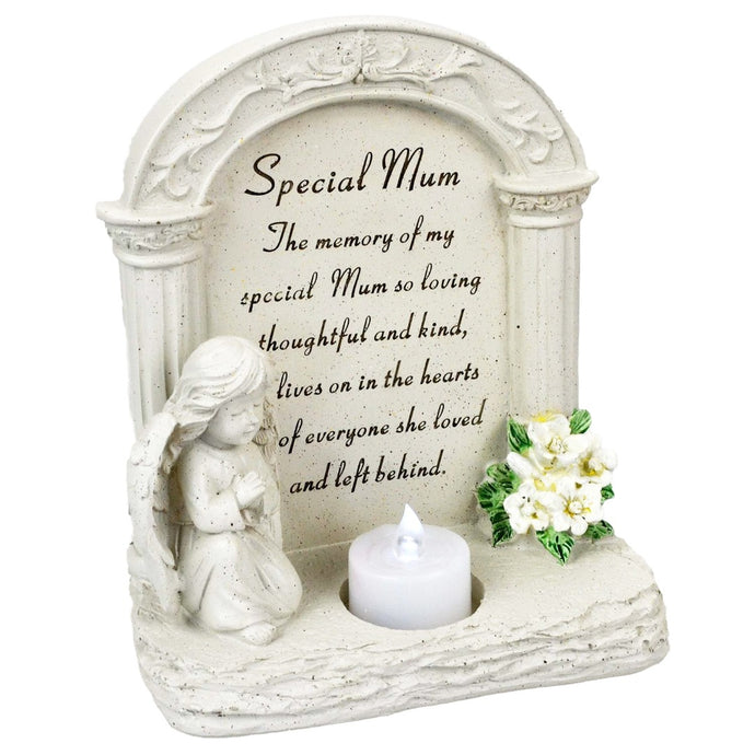 Special Mum Praying Angel With Flickering Tealight Graveside Memorial Plaque