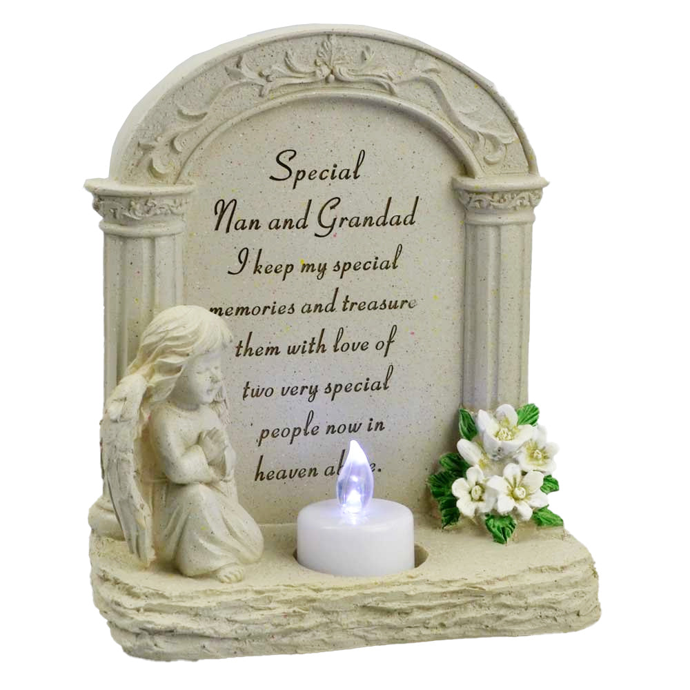 Special Nan & Grandad Praying Angel With Flickering Tealight Memorial Plaque