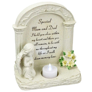 Special Mum & Dad Praying Angel With Flickering Tealight Memorial Plaque