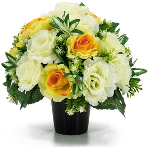 Lydia Yellow & White Roses Artificial Flower Memorial Arrangement