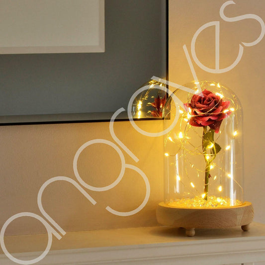Glitter Pink Handmade Enchanted Rose with Glass Dome Bell Jar and LED Lights (23cm) - Angraves Memorials
