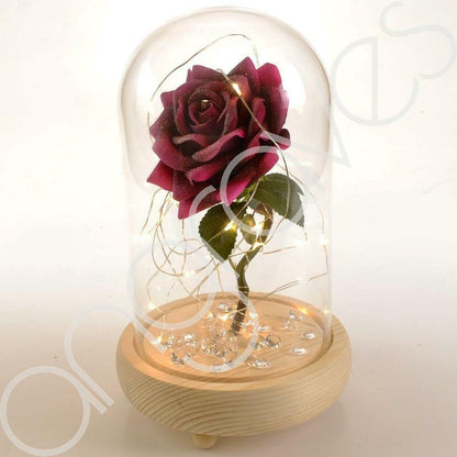 Glitter Pink Handmade Enchanted Rose with Glass Dome Bell Jar and LED Lights (23cm) - Angraves Memorials
