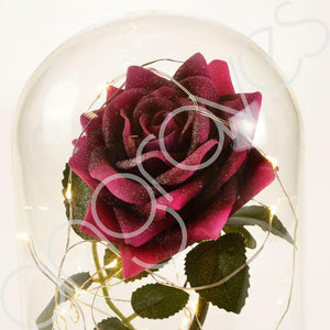 Glitter Pink Handmade Enchanted Rose with Glass Dome Bell Jar and LED Lights (23cm) - Angraves Memorials