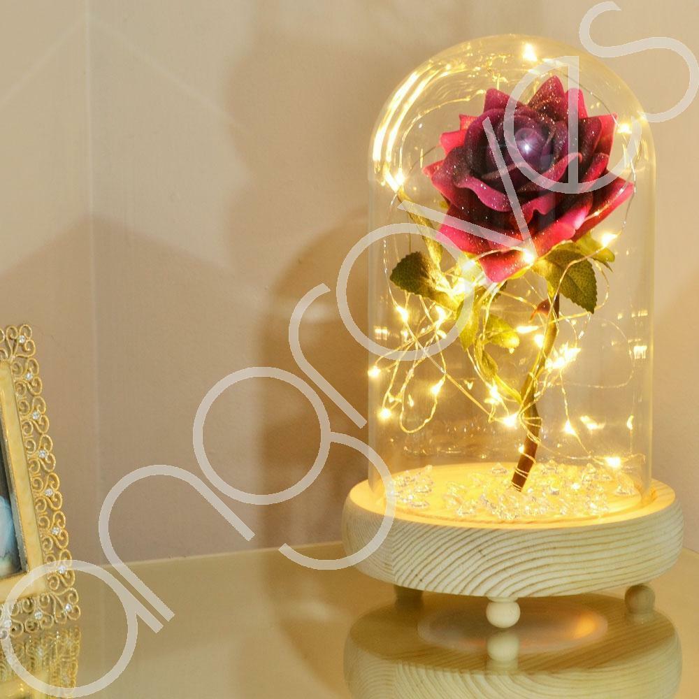 Glitter Pink Handmade Enchanted Rose with Glass Dome Bell Jar and LED Lights (23cm) - Angraves Memorials