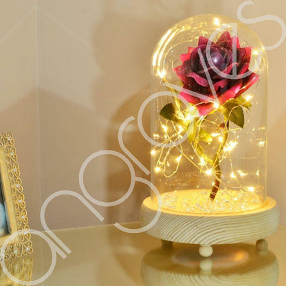 Glitter Pink Handmade Enchanted Rose with Glass Dome Bell Jar and LED Lights (23cm) - Angraves Memorials