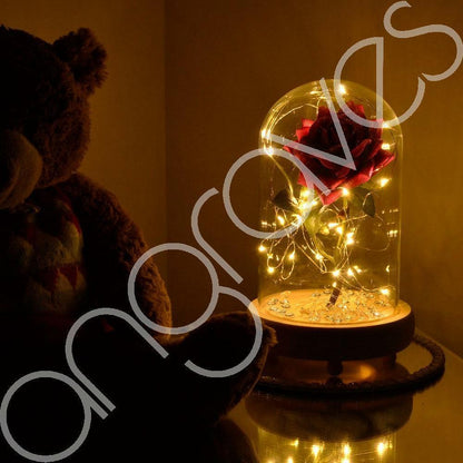 Glitter Pink Handmade Enchanted Rose with Glass Dome Bell Jar and LED Lights (23cm) - Angraves Memorials