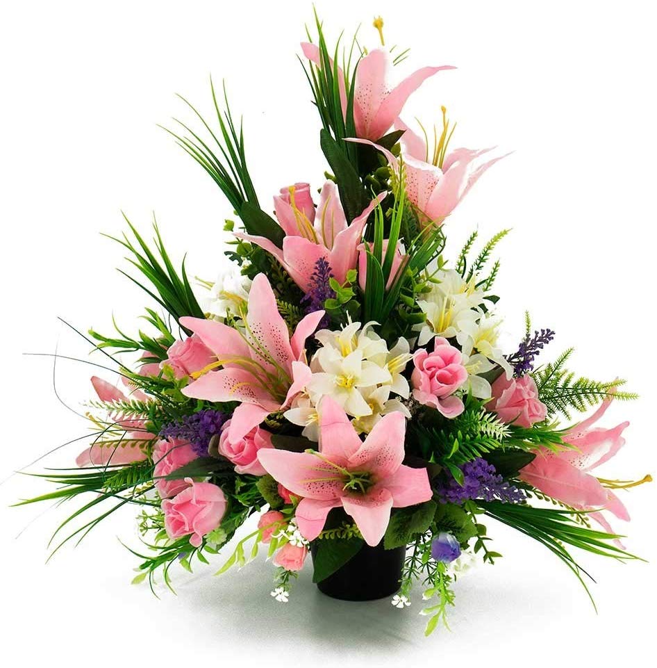 Maci pink lily and rose artificial grave flower arrangement