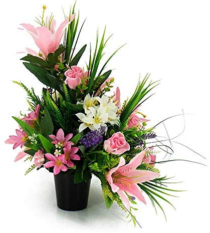 Maci pink lily and rose artificial grave flower arrangement front view