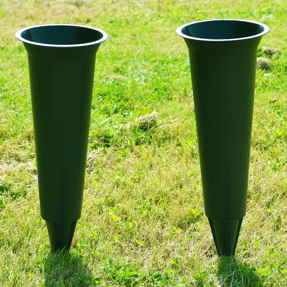 Set of 2 Green Plain Spiked Memorial Grave Flower Vases