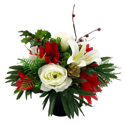 Carol Christmas Rose & Poinsettias Artificial Flower Memorial Arrangement