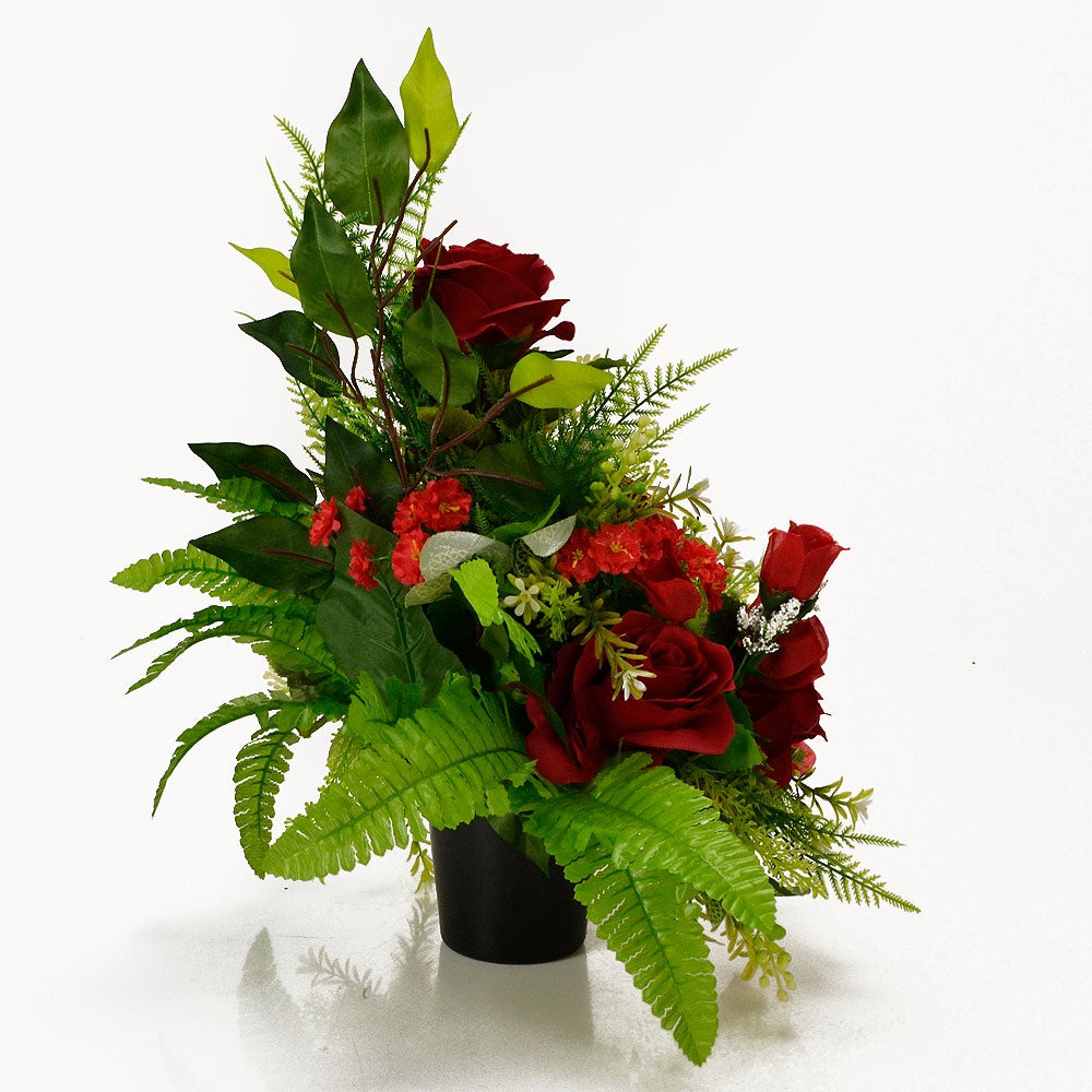 Dex red rose artificial grave flower arrangement front view
