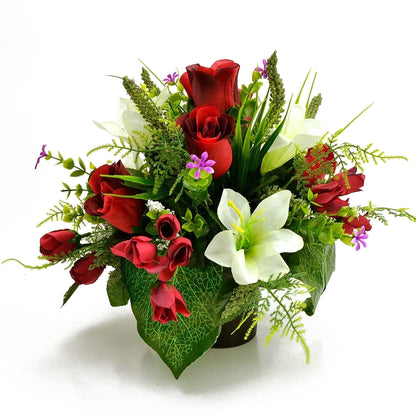 Elliot Red Rose & White Lily Artificial Flower Memorial Arrangement