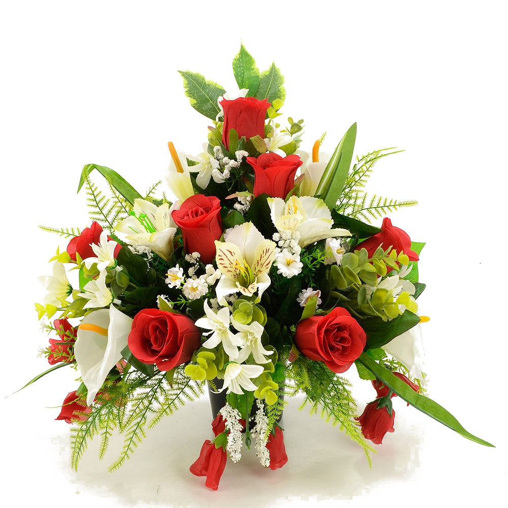 Freddie Red Rose & White Lily Artificial Flower Memorial Arrangement