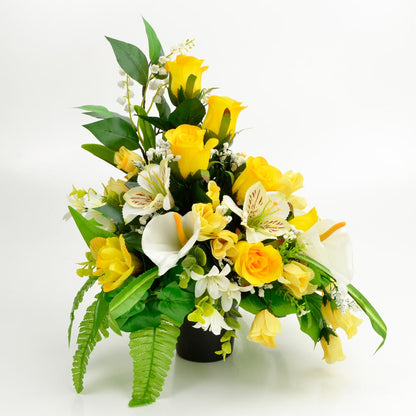 Lottie Yellow Rose Calla Lily Artificial Flower Memorial Arrangement
