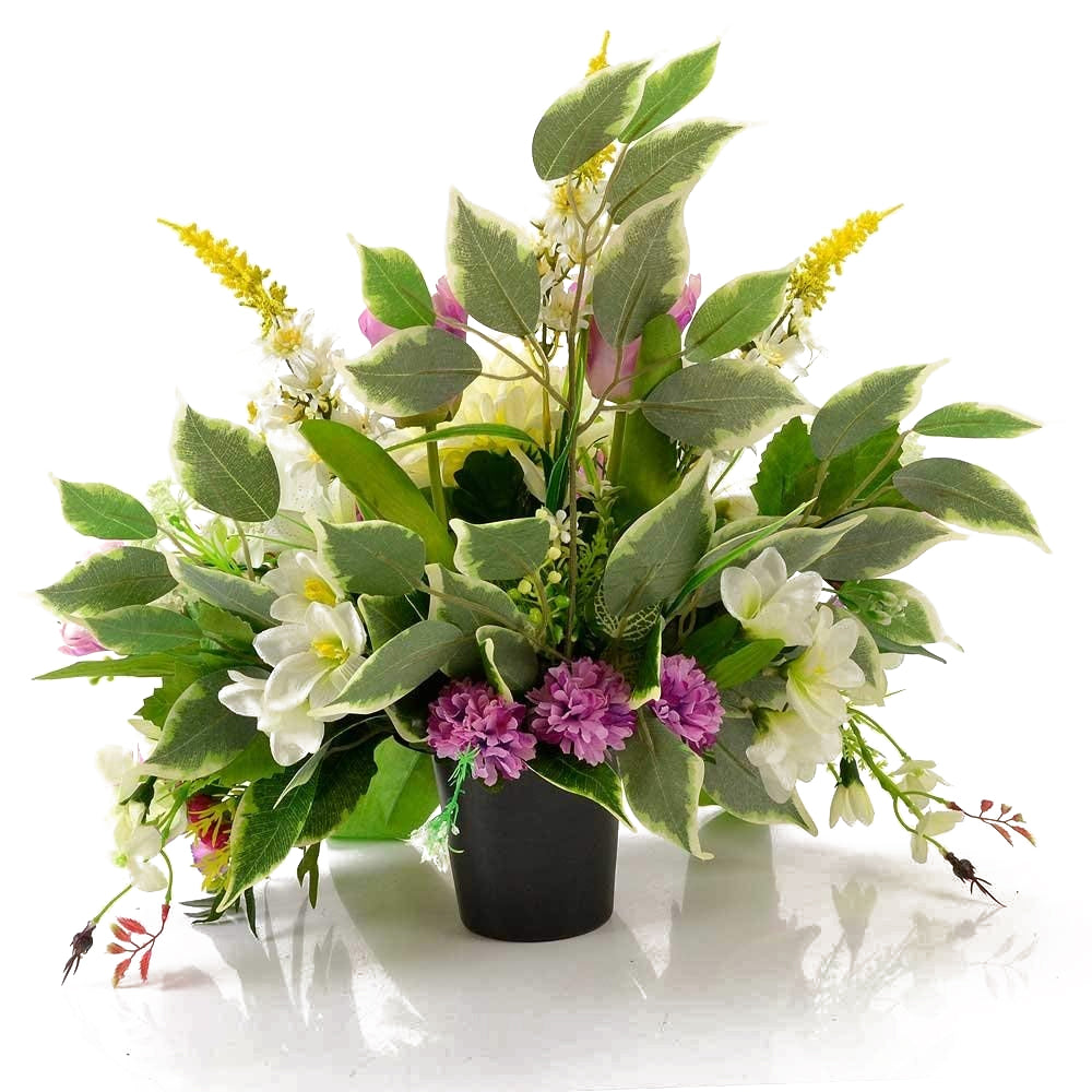 Mona white lily and purple tulip artificial grave flowers front view
