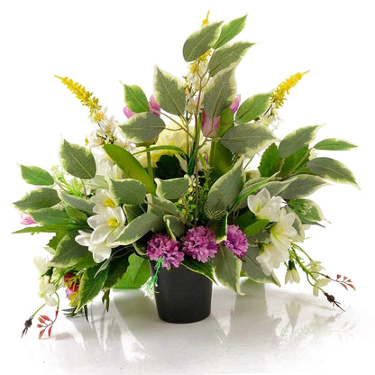 Mona white lily and purple tulip artificial grave flowers front view
