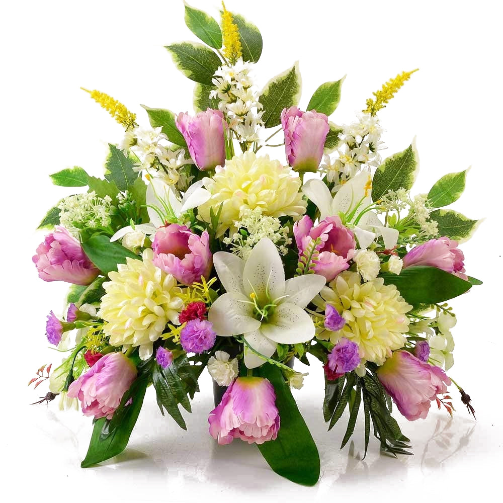 Mona white lily and purple tulip artificial grave flowers